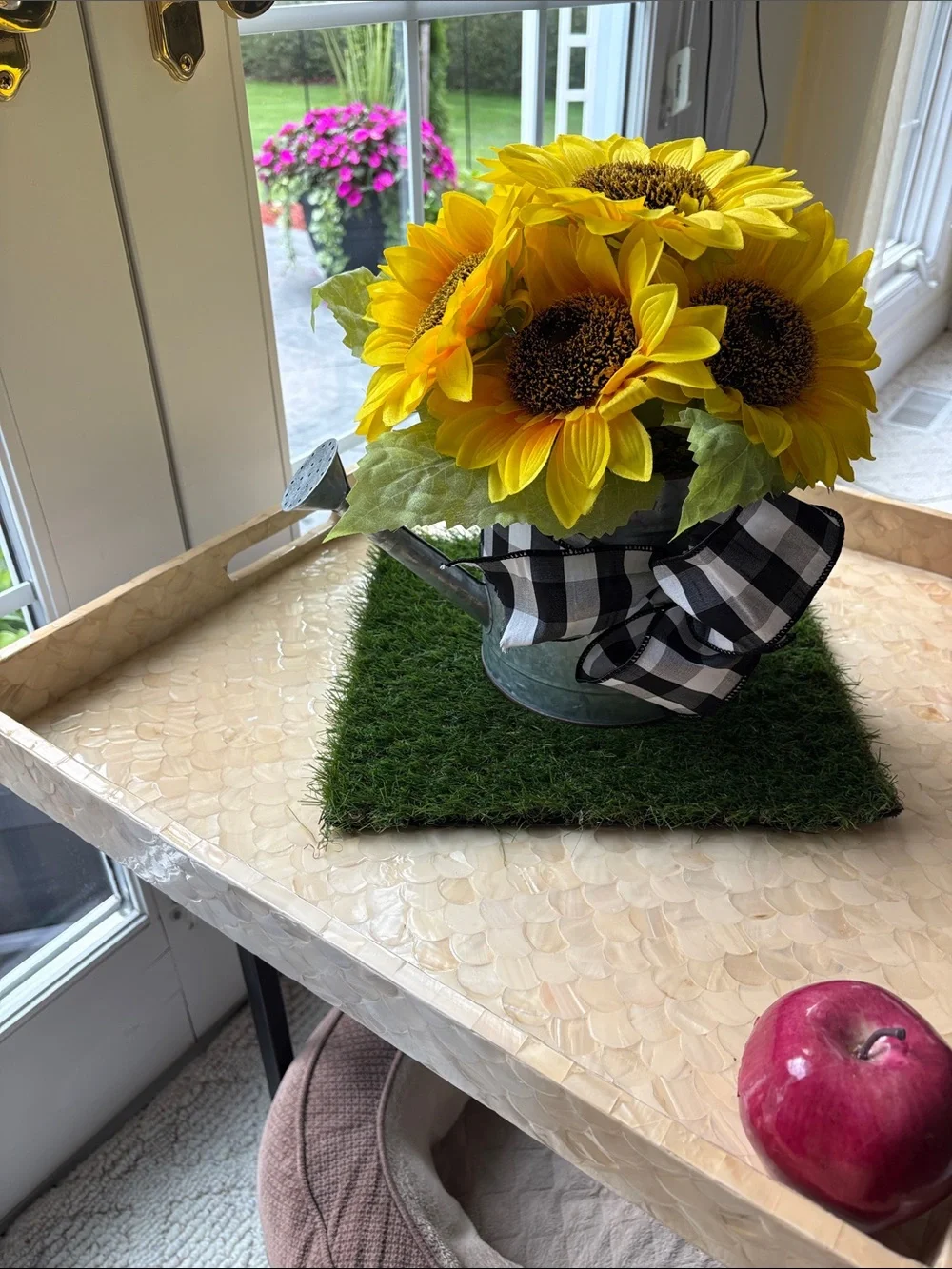 Yellow Sunflower Bouquet with Buffalo Check Ribbon in Tin Watering Can
